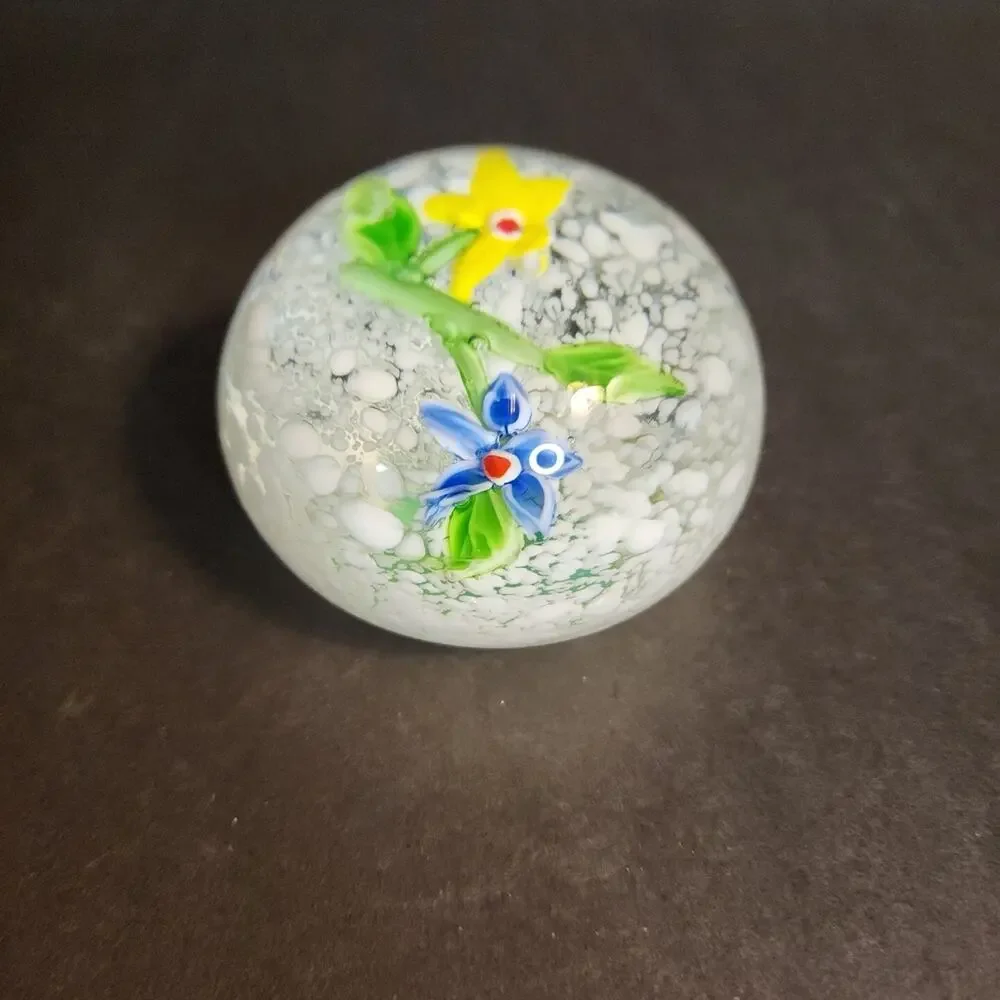 Vtg Art Glass Yellow Blue Flowers Snow Globe 2.5